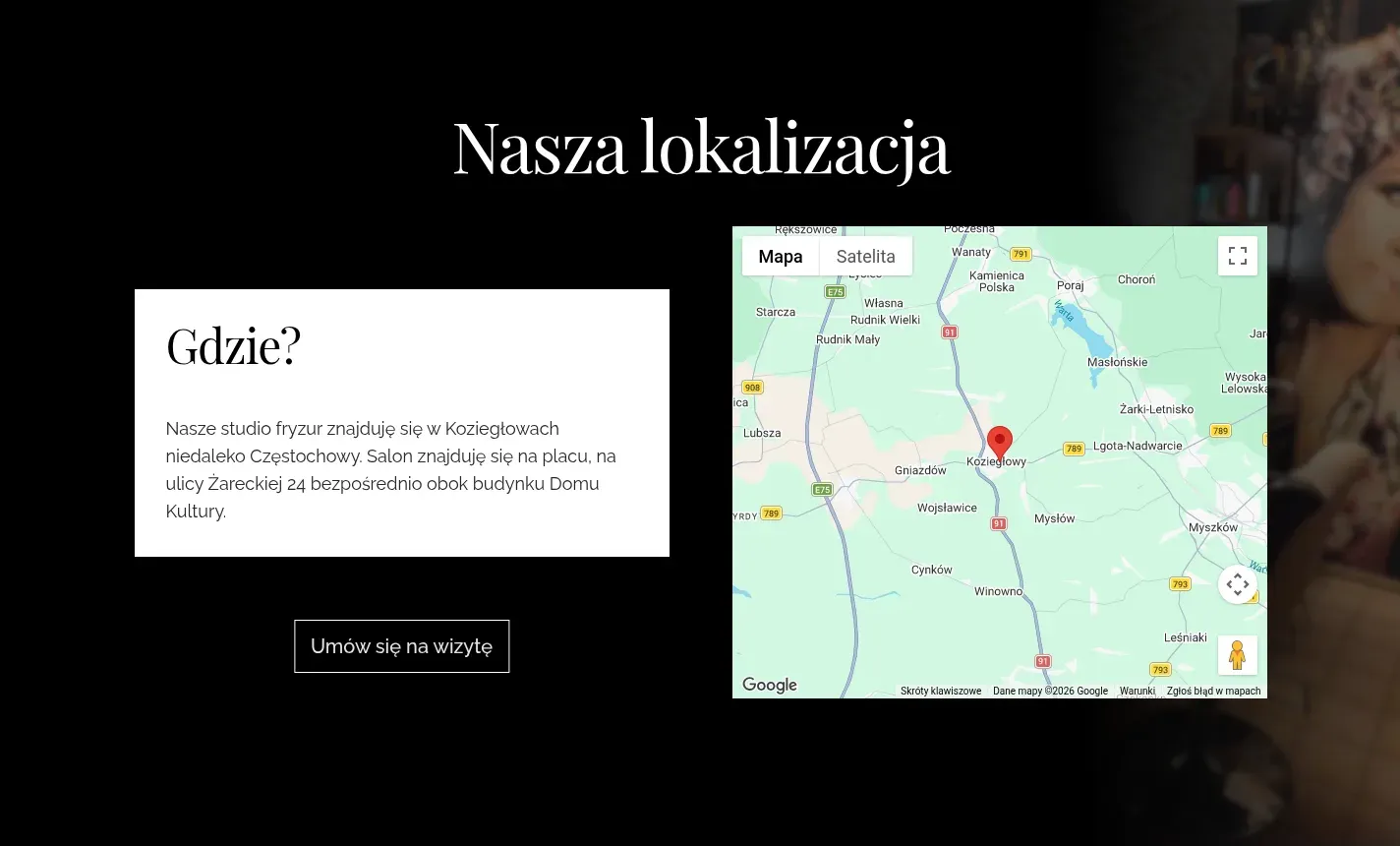 The location section of the Studio Fryzur Pasja site: the heading Nasza lokalizacja, a white card with the salon's address in Koziegłowy, a button to book a visit and a Google map with a red pin.