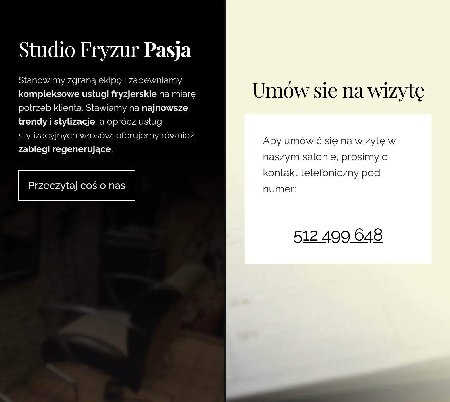 The Studio Fryzur Pasja site on a phone. On the left, the intro with the salon's name and a button. On the right, the booking section: the heading Umów się na wizytę and one large phone number.